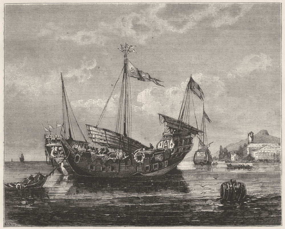 SINGAPORE. View off Singapore-Chinese junk lying at Anchor c1880 old print
